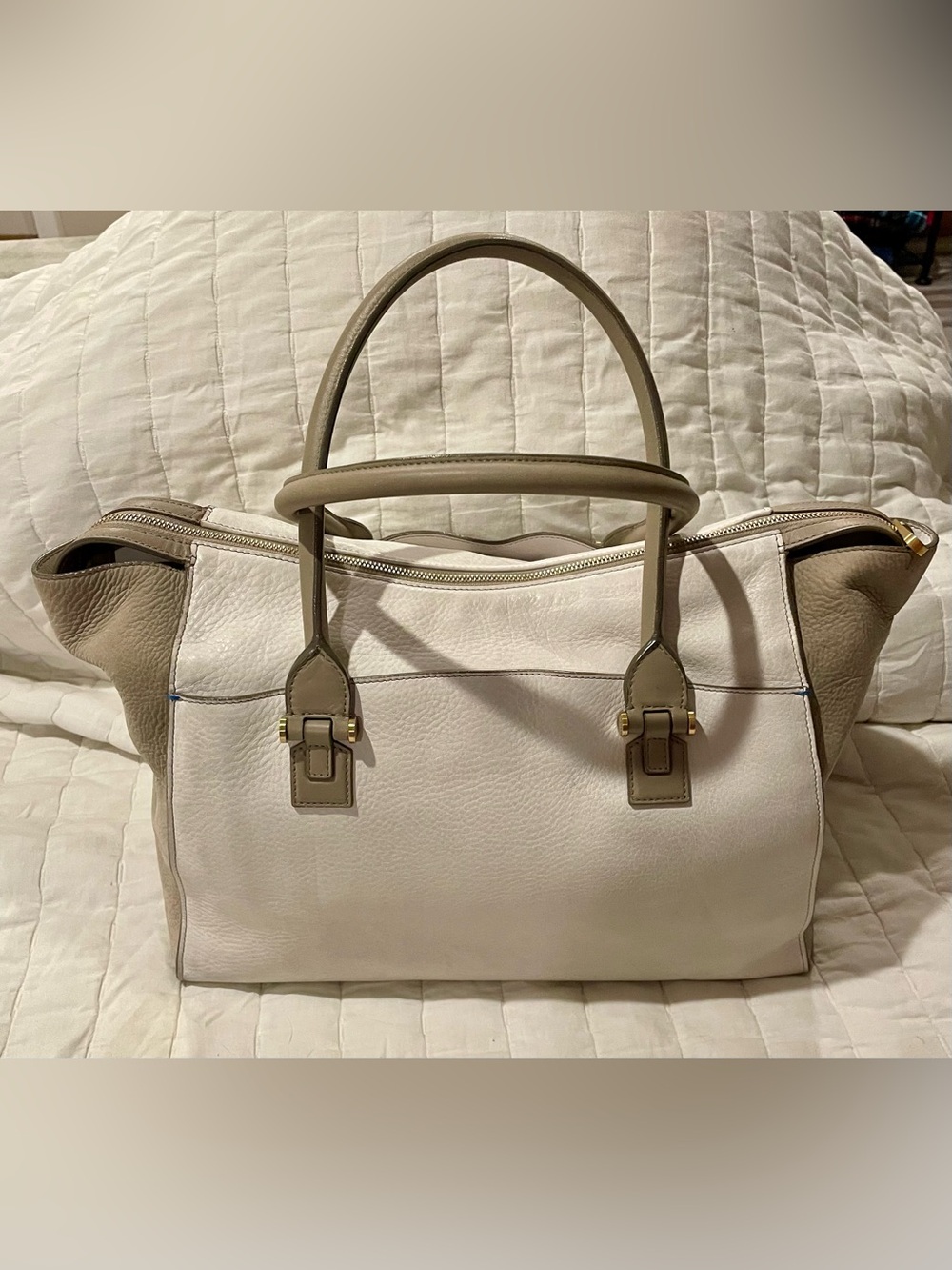 Smythson of Bond St Cream and Taupe Large Leather Tote Bag